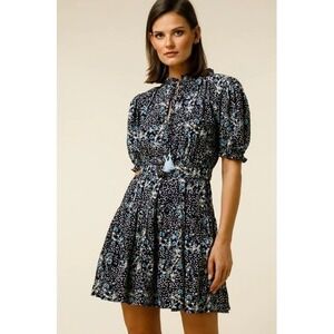 Lusana Dress Blue Ayla Balloon Sleeves Elastic Waist Tassels Tiered Mini Size 2